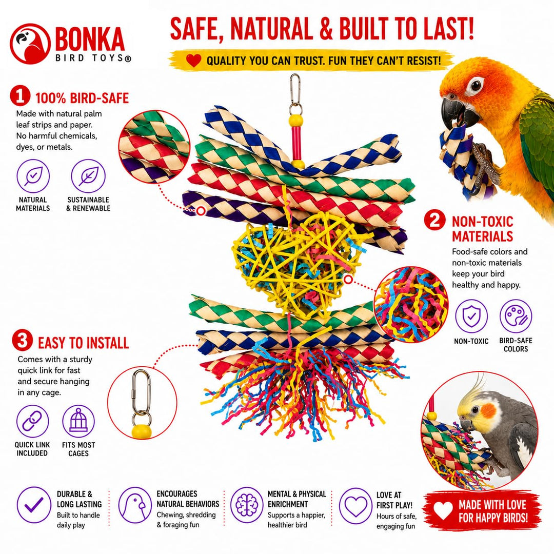 Bonka Bird Toys 1730 Foraging Valentine Heart Bird Toy for Medium Birds Shredding and Chewing Cage Toy Colorful Palm Leaf and Paper Foraging Toy 9" x 6"