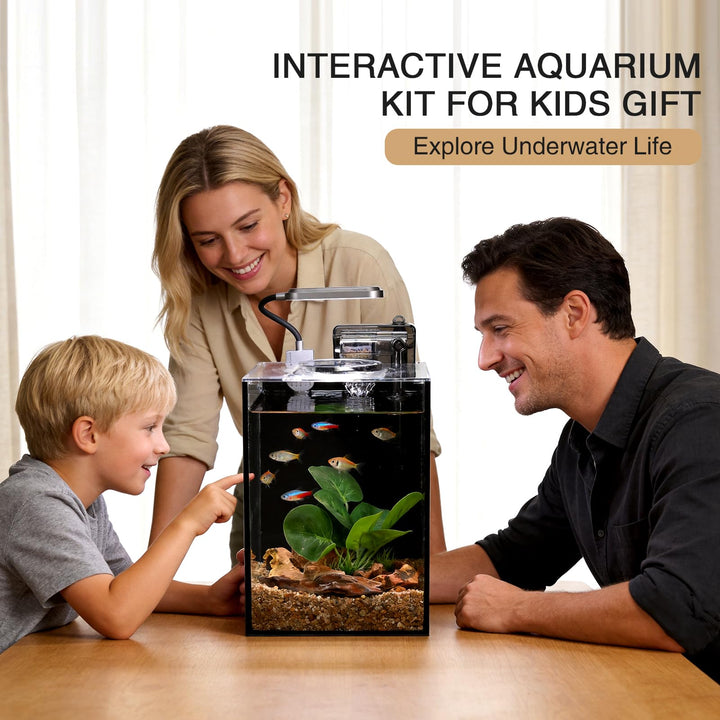 Ahua Walsong 2.2 Gallon Small Fish Tank, Beta Fish Aquariums Starter Kits with Nano Clip-on LED, Waterfall Filter Pump, Plants, Gravel and Rock, Perfect for Small Fish, Shrimp, or Betta (with Lid)