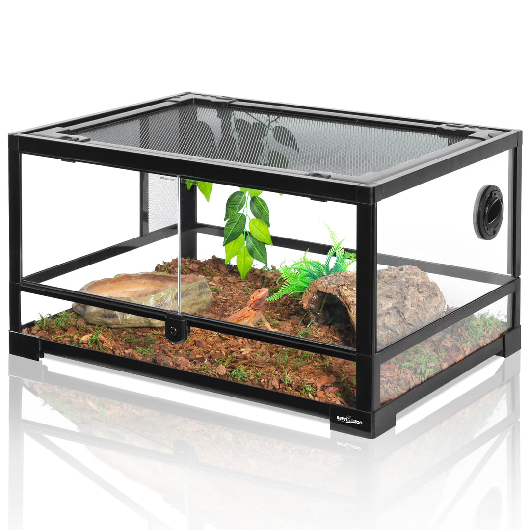 REPTI ZOO Full Glass 20 Gallon Reptile Tank, Front Opening Reptile Terrarium 24" x 18"x 12", Double Hinged Opening Doors &amp; Top Screen Ventilation Escape Proof Lid