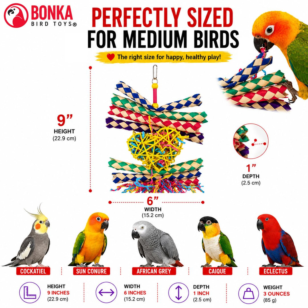 Bonka Bird Toys 1730 Foraging Valentine Heart Bird Toy for Medium Birds Shredding and Chewing Cage Toy Colorful Palm Leaf and Paper Foraging Toy 9" x 6"