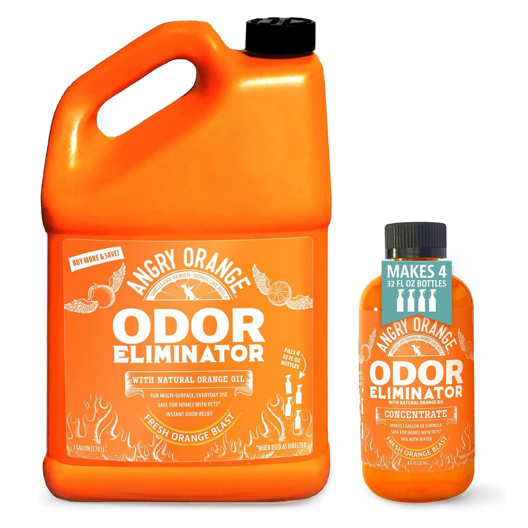 ANGRY ORANGE Pet Odor Eliminator – Citrus Concentrate (8 oz, Makes 128 oz) + 1 Gallon Cleaner for Dog and Cat Urine, Stains, and Odors