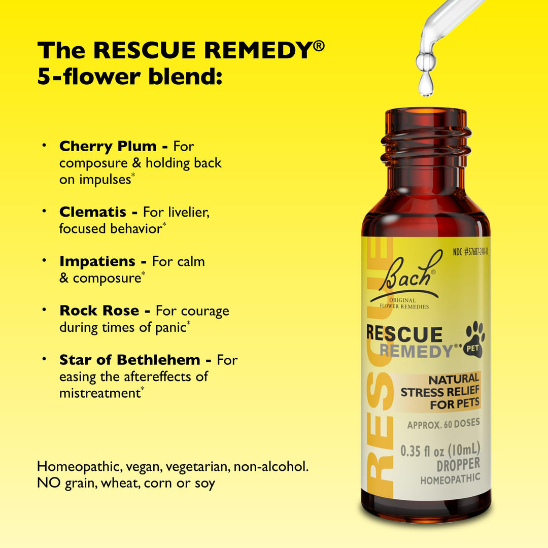 Rescue Remedy Pet Dropper - 10mL - Stress &amp; Tension Support for Dogs &amp; Cats with Bach Natural Flower Essences - Sedative-Free, Homeopathic Liquid Formula - For All Breeds, Ages &amp; Weights