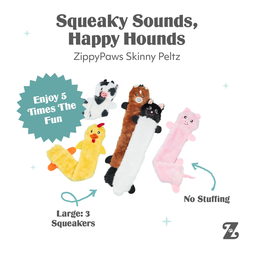 ZippyPaws Skinny Peltz - No Stuffing Dog Toys, 5-Pack, Farm Animal Variety