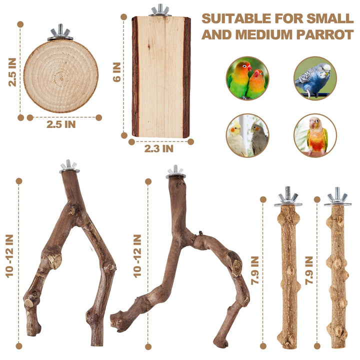 LIMIO 6-Piece Bird Perch Set - Natural Wood Grape Sticks, Paw Grinding Forks, Bird Stand &amp; Toys for Parakeets, Cockatiels, Conure, Budgies
