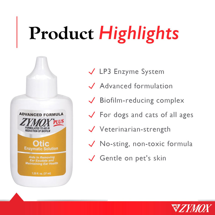 Zymox Advanced Formula Otic Plus Enzymatic Ear Solution for Dogs and Cats Without Hydrocortisone, 1.25oz