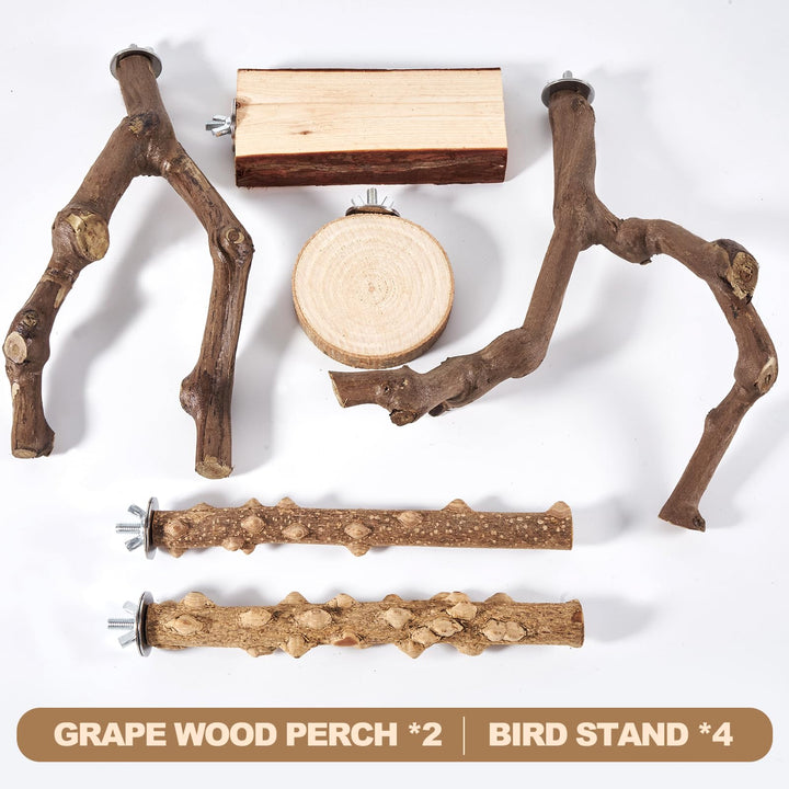 LIMIO 6-Piece Bird Perch Set - Natural Wood Grape Sticks, Paw Grinding Forks, Bird Stand &amp; Toys for Parakeets, Cockatiels, Conure, Budgies