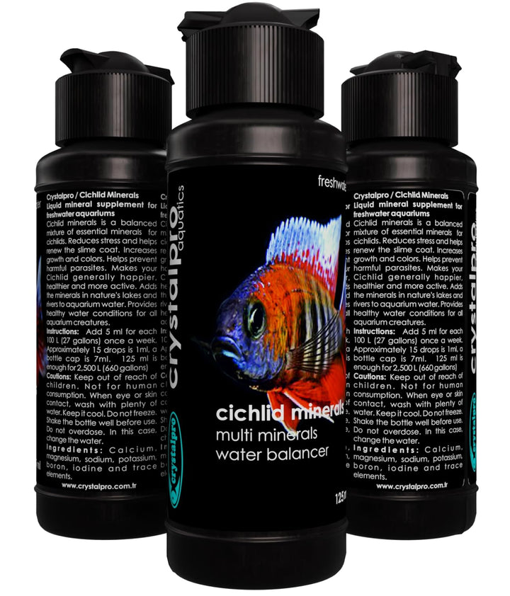 Crystalpro Cichlid Minerals 4.22 Oz - Mineral Additive for Cichlids Replenishes Protective Coat Improves Respiration and General Health Freshwater Aquarium Salt (125 ml) Treats 660 Gallons
