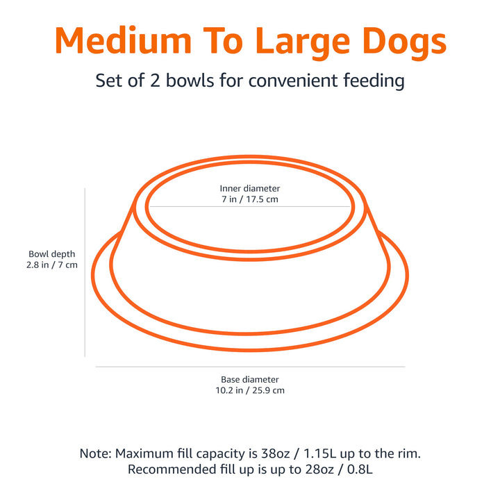 Amazon Basics Stainless Steel Non-Skid Dog Water And Food Bowls, Dishwasher Safe, Rust Resistant, 38oz Capacity, 10 x 2.8 Inches, 2-Pack