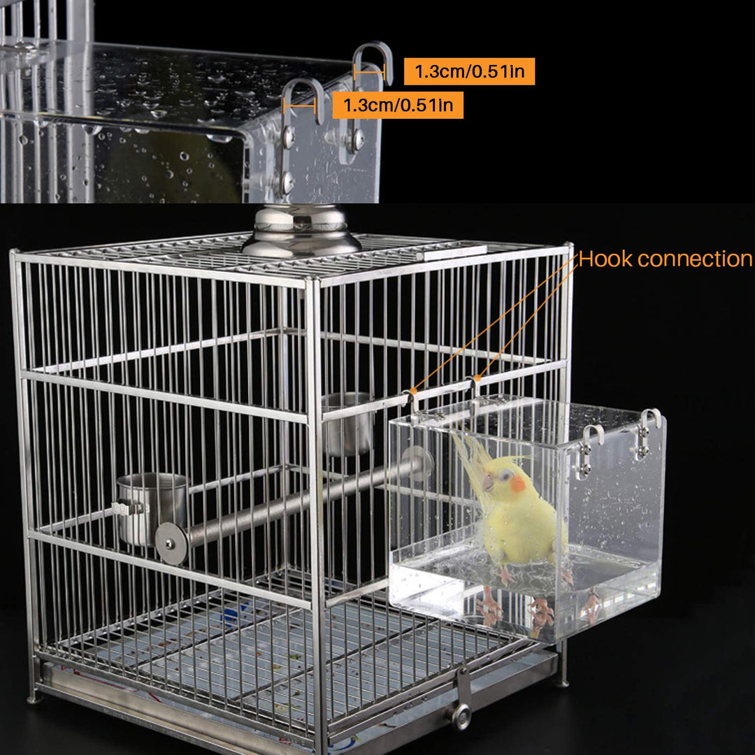 HOSUKKO Bird Bath for Cage No-Leakage Upgrated Acrylic Clear Bird Bathtub Parrot Parakeets Shower for Cage Bathtub Box for Small Bird Parrot with 4 Hooks