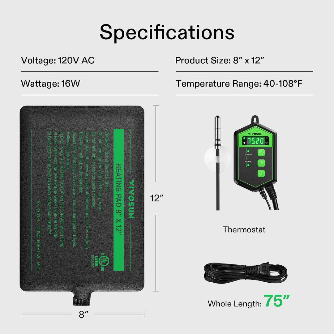 VIVOSUN Reptile Heating Pad 8x12 Inch with Thermostat Combo