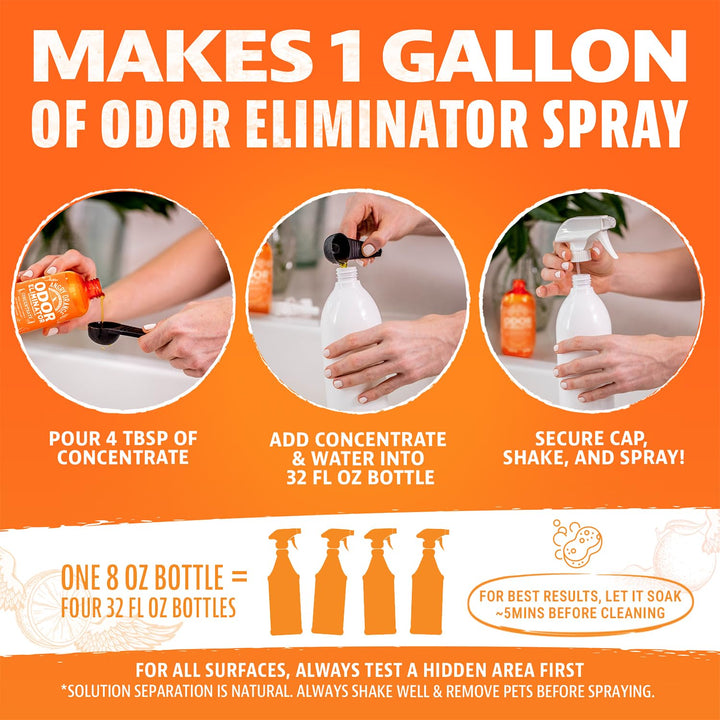 ANGRY ORANGE Pet Odor Eliminator – Citrus Concentrate (8 oz, Makes 128 oz) + 1 Gallon Cleaner for Dog and Cat Urine, Stains, and Odors