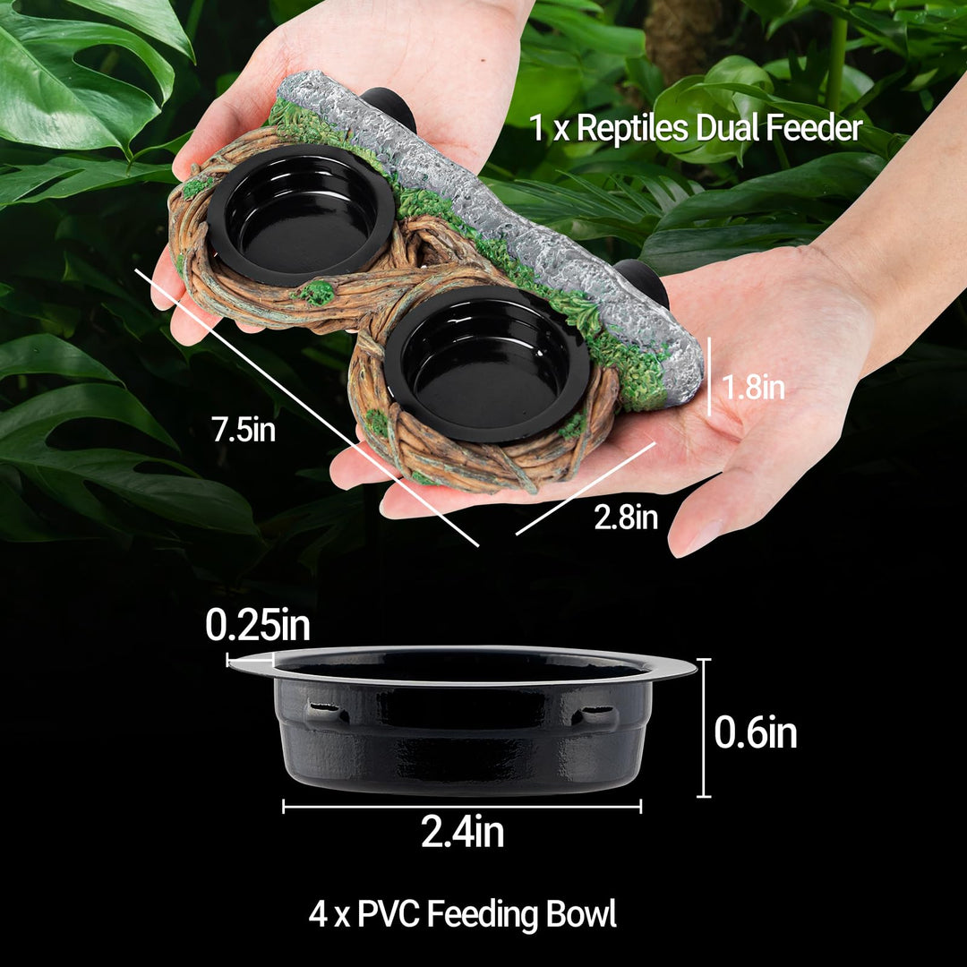 REPTI ZOO Magnetic Reptile Feeding Ledge, Gecko Feeder Ledge with 4PCS Cups, Hollow Vine Food Dish, Reptile Water Bowl for Bearded Dragon Lizard Snake Turtle, Terrarium Tank Accessories