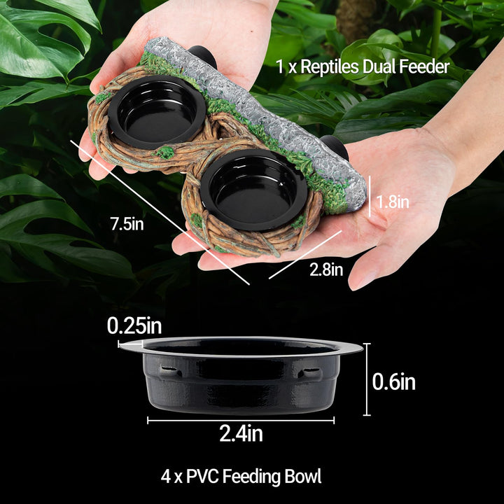 REPTI ZOO Magnetic Reptile Feeding Ledge, Gecko Feeder Ledge with 4PCS Cups, Hollow Vine Food Dish, Reptile Water Bowl for Bearded Dragon Lizard Snake Turtle, Terrarium Tank Accessories