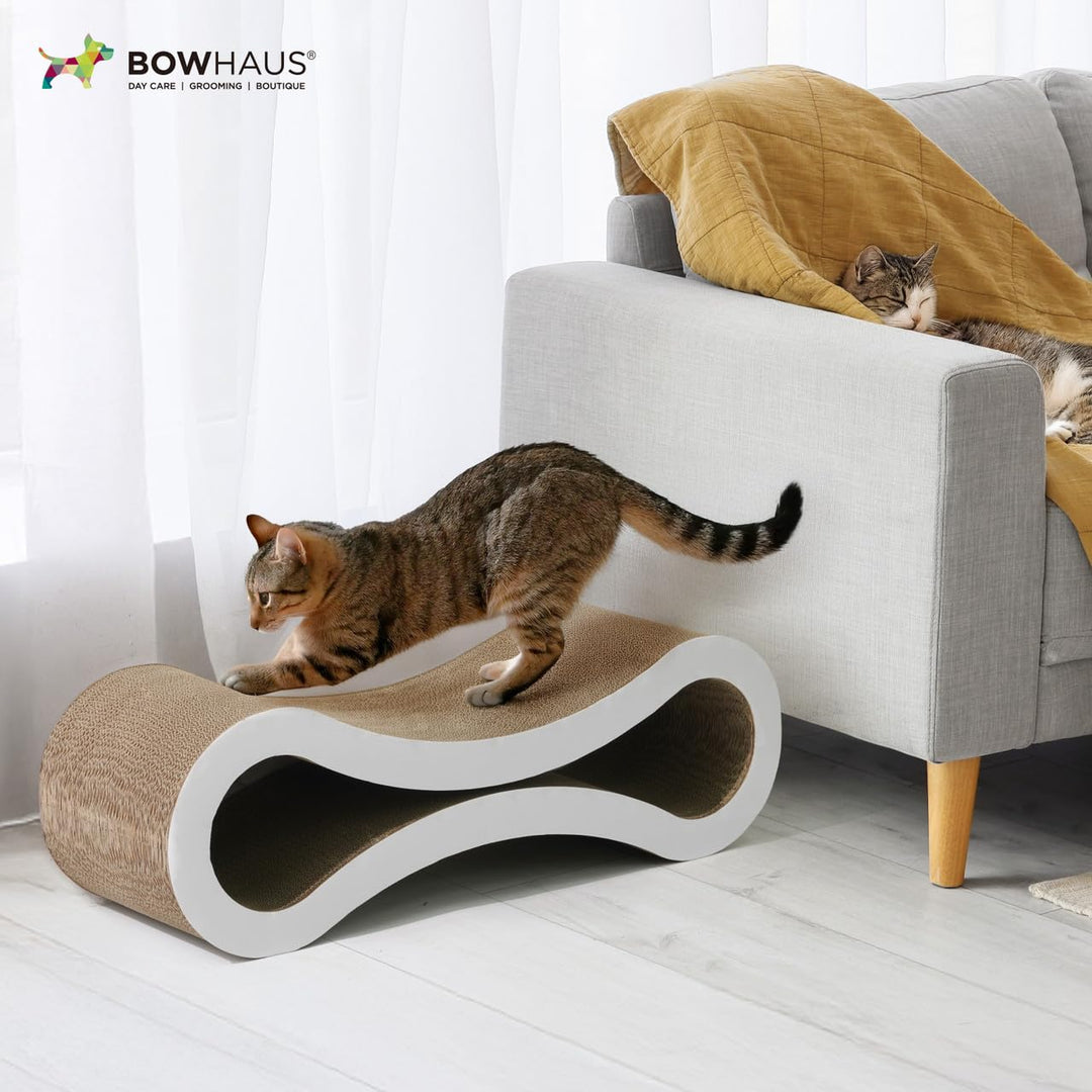 BOWHAUS Infinity Cat Scratcher Lounger, Reversible Scratcher, Durable &amp; Long-Lasting, Cat Cardboard Scratcher, Large Cat Scratching Pad, Scratching Board, Infinity Scratch Pad for Indoor Cats, White