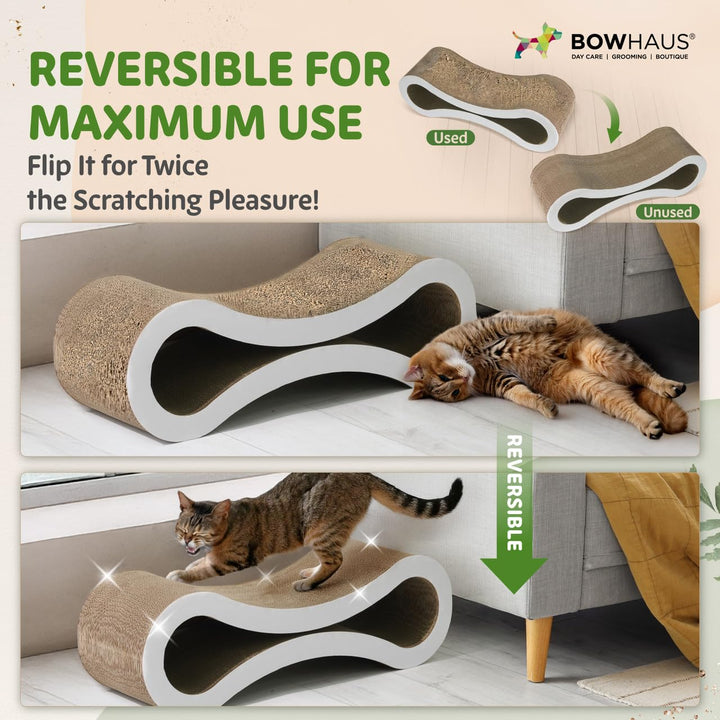 BOWHAUS Infinity Cat Scratcher Lounger, Reversible Scratcher, Durable &amp; Long-Lasting, Cat Cardboard Scratcher, Large Cat Scratching Pad, Scratching Board, Infinity Scratch Pad for Indoor Cats, White