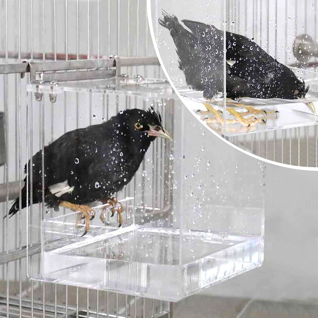 HOSUKKO Bird Bath for Cage No-Leakage Upgrated Acrylic Clear Bird Bathtub Parrot Parakeets Shower for Cage Bathtub Box for Small Bird Parrot with 4 Hooks