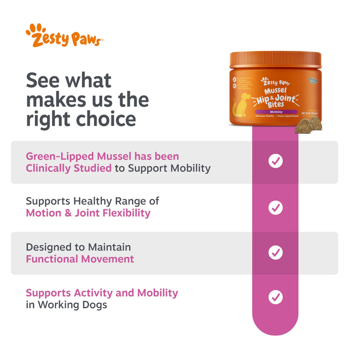 Zesty Paws Mussel Mobility Bites for Dogs - New Zealand Green Lipped Mussel with Natural Glucosamine &amp; Chondroitin + Omega-3 Fatty Acids - Hip &amp; Joint Support Supplement Soft Chews – 90 Count