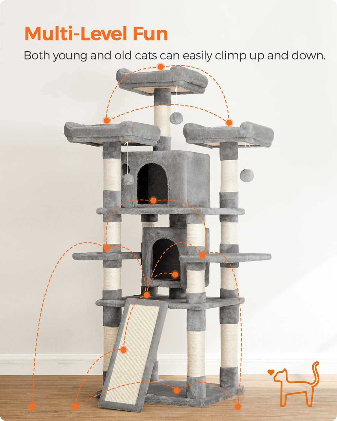 Feandrea 67.7-Inch Multi-Level Cat Tree for Large Cats, with Cozy Perches
