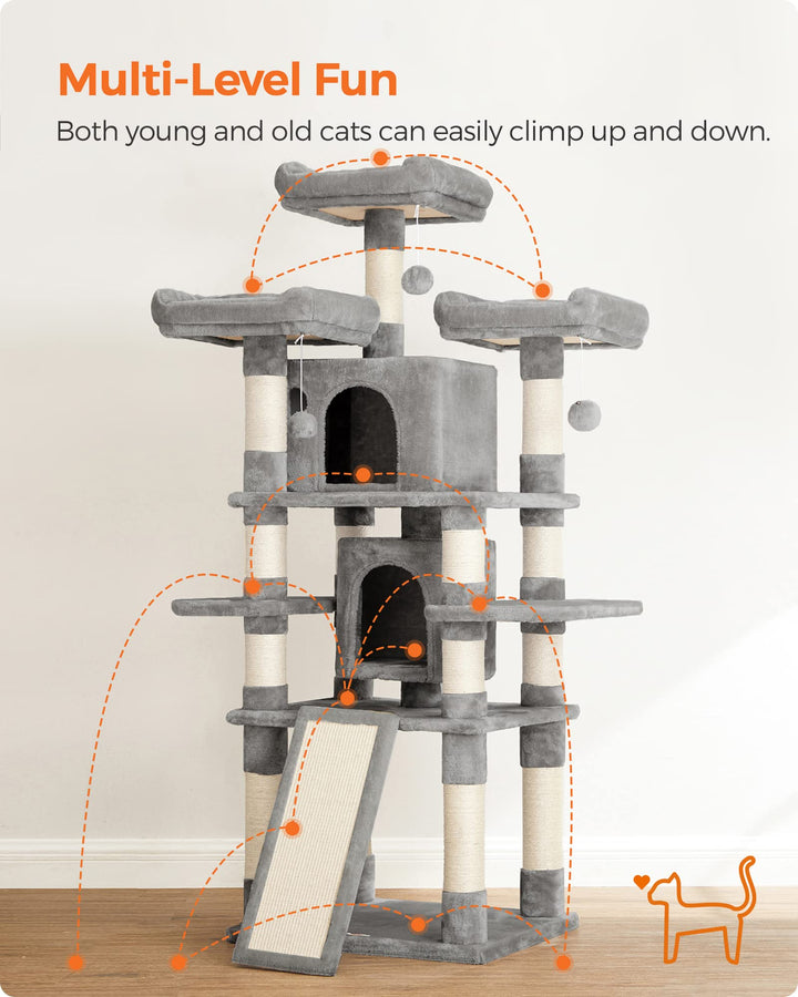 Feandrea 67.7-Inch Multi-Level Cat Tree for Large Cats, with Cozy Perches