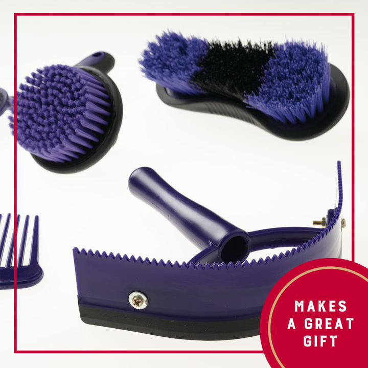 Weaver Equine 6-Piece Horse Grooming Kit, Ergonomic Gentle Horse Care Kit, Equestrian Supplies for Bathing Support, Detangling, and More, Purple/Black
