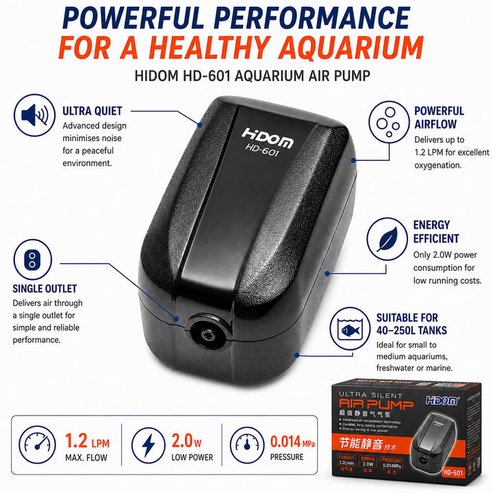 Hidom 2.0W Aquarium Air Pump Single Valve Hd-601 with Accessories