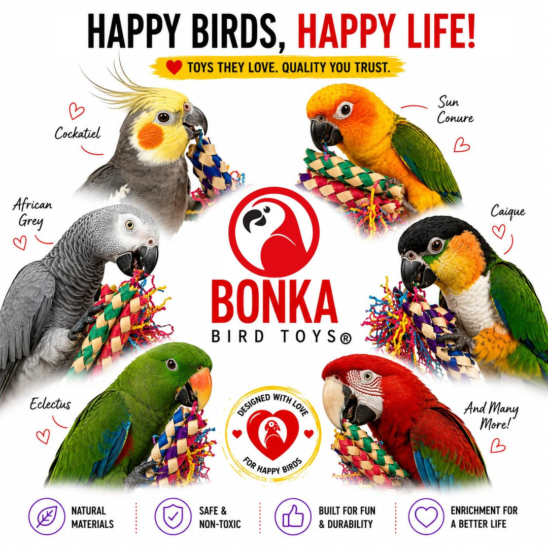 Bonka Bird Toys 1730 Foraging Valentine Heart Bird Toy for Medium Birds Shredding and Chewing Cage Toy Colorful Palm Leaf and Paper Foraging Toy 9" x 6"