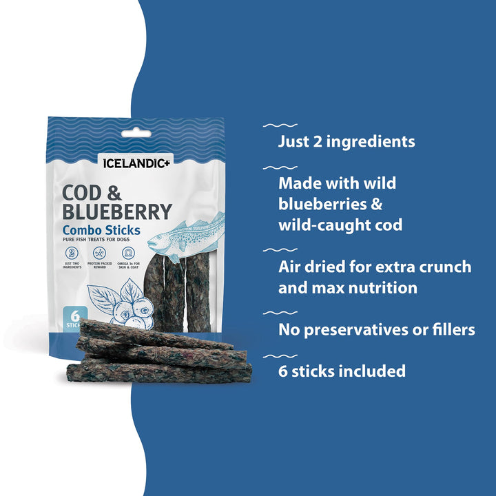 Icelandic+ 6 Count Cod &amp; Blueberry Combo Sticks - Crunchy Dog Treats