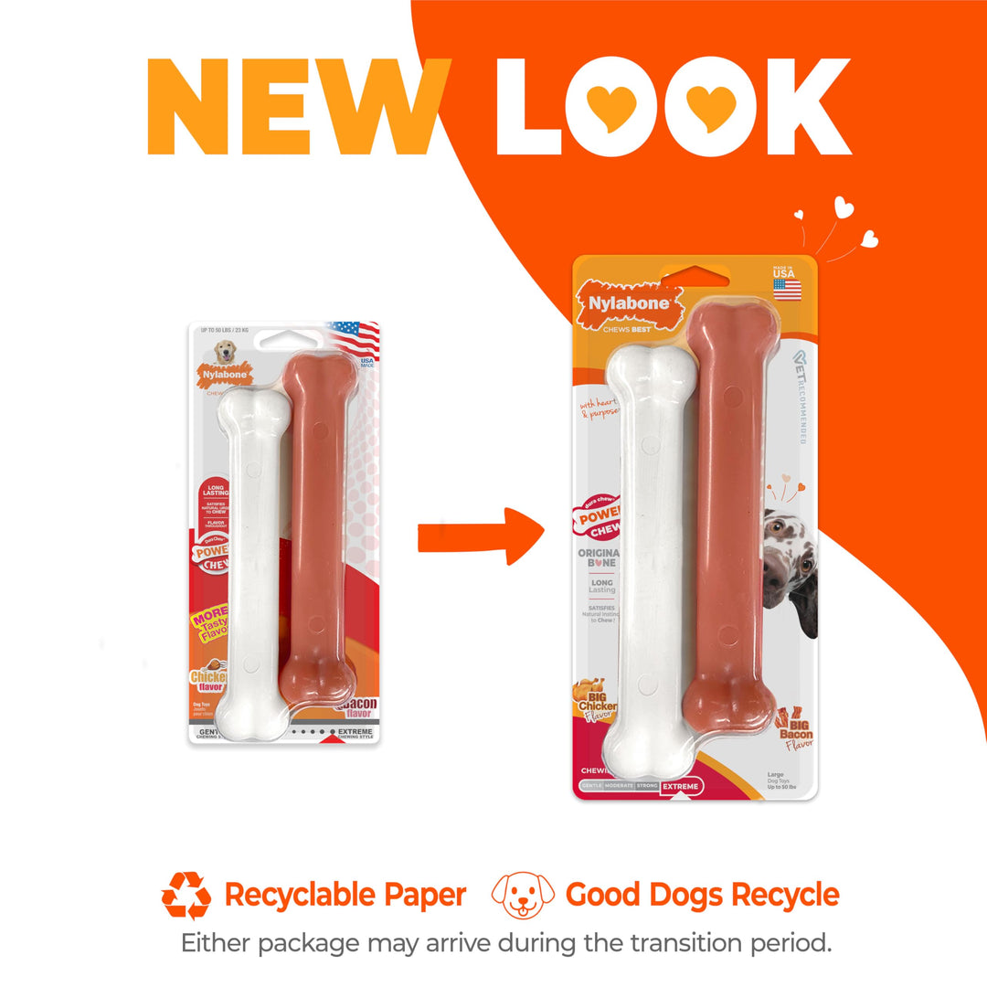 Nylabone Power Chew Original Bone Dog Toys, Chicken &amp; Bacon Flavor, 2 Count
