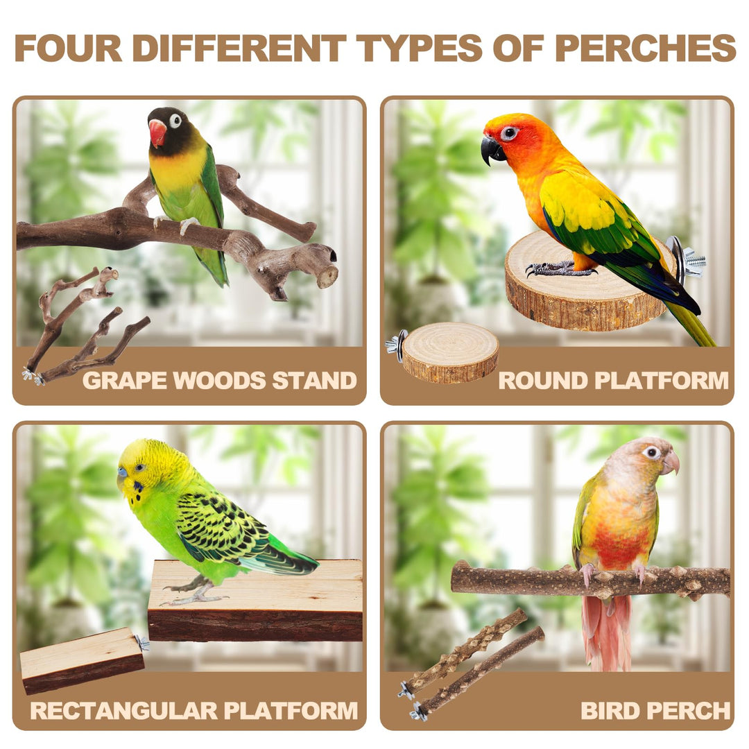LIMIO 6-Piece Bird Perch Set - Natural Wood Grape Sticks, Paw Grinding Forks, Bird Stand &amp; Toys for Parakeets, Cockatiels, Conure, Budgies