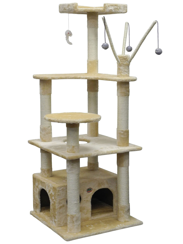Go Pet Club 66" Cat Tree Scratcher Kitty Condo Kitten House Furniture with Square Base and Hanging Toys for Indoor Cats, Beige