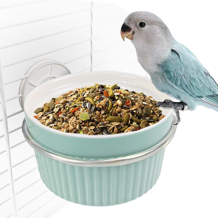 Bird Feeding Cups Parrot Food Cage Bowl Clamp Holder Coop Cup, Ceramic Bird Cage Water Bowl, Pet Feeder Cage for Parakeet African Greys Conure Cockatiels Lovebird Budgie (Blue)