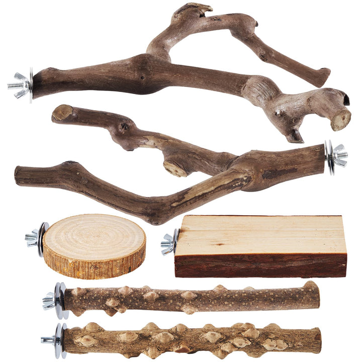 LIMIO 6-Piece Bird Perch Set - Natural Wood Grape Sticks, Paw Grinding Forks, Bird Stand &amp; Toys for Parakeets, Cockatiels, Conure, Budgies