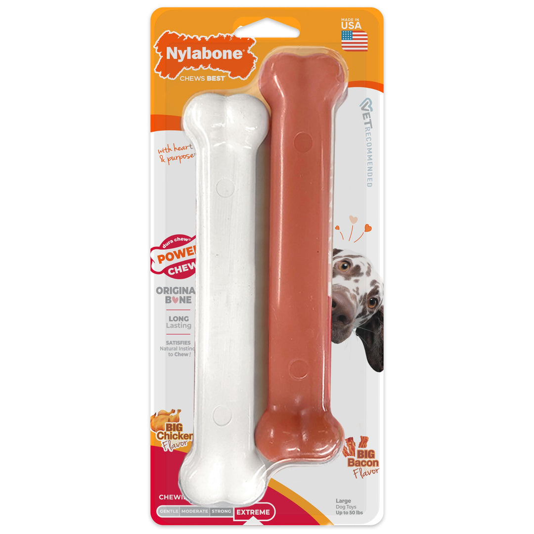 Nylabone Power Chew Original Bone Dog Toys, Chicken &amp; Bacon Flavor, 2 Count
