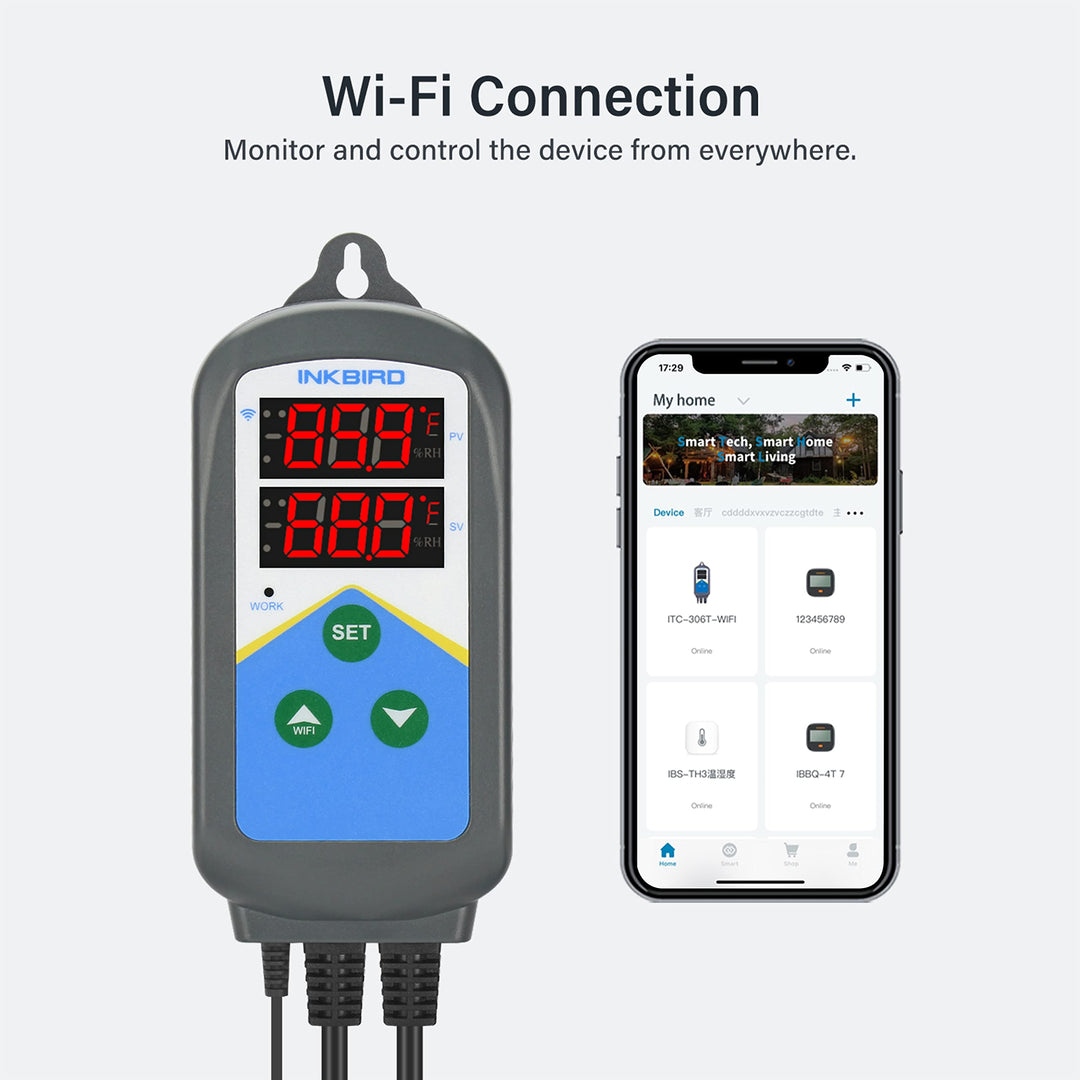 Inkbird Temperature Controller ITC-306T WiFi Heat Lamp Thermostat Reptile Temperature Controlled Outlet for Heat Mat Fermentation,1200W,10A.
