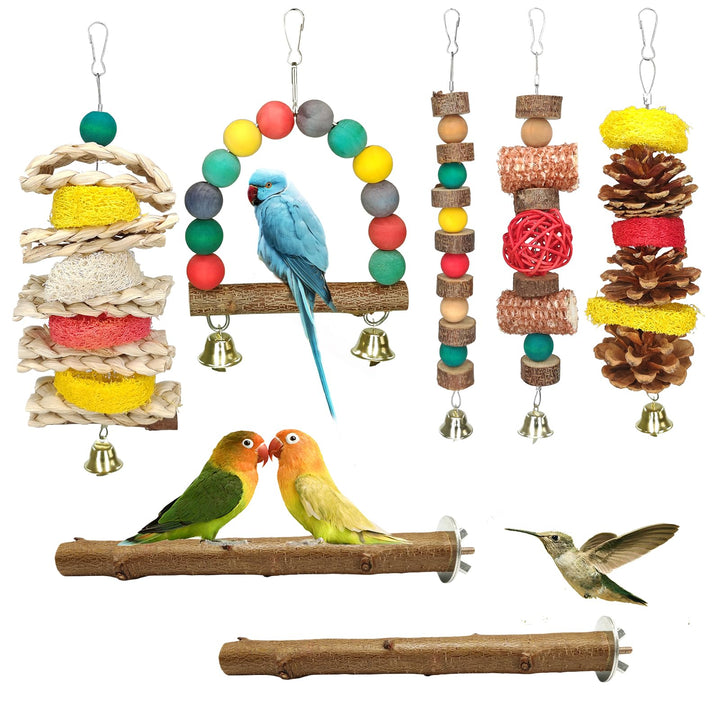 JOREWOOD 7 Pcs Natural Wood Bird Toy &amp; Perch for Parakeets, Cockatiel &amp; Lovebird, Budgie Play Accessory for Small Parrots Indoor Cage