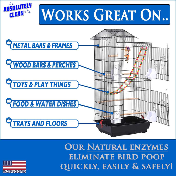 Absolutely Clean Amazing Bird Cage Cleaner and Deodorizer - Just Spray/Wipe - Safely &amp; Easily Removes Bird Messes Quickly and Easily - Made in The US - Fragrance Free (16oz Pack of 1)