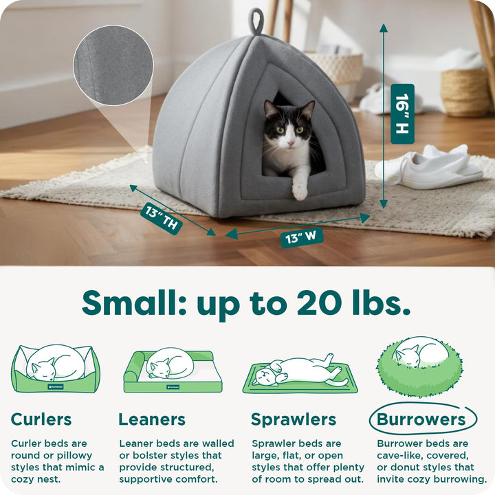 FurHaven Cat Bed Cave for Indoor Cats &amp; Small Dogs, Washable &amp; Foldable Pet Tent with Removable Cushion, Small, Polar Fleece, Heather Gray