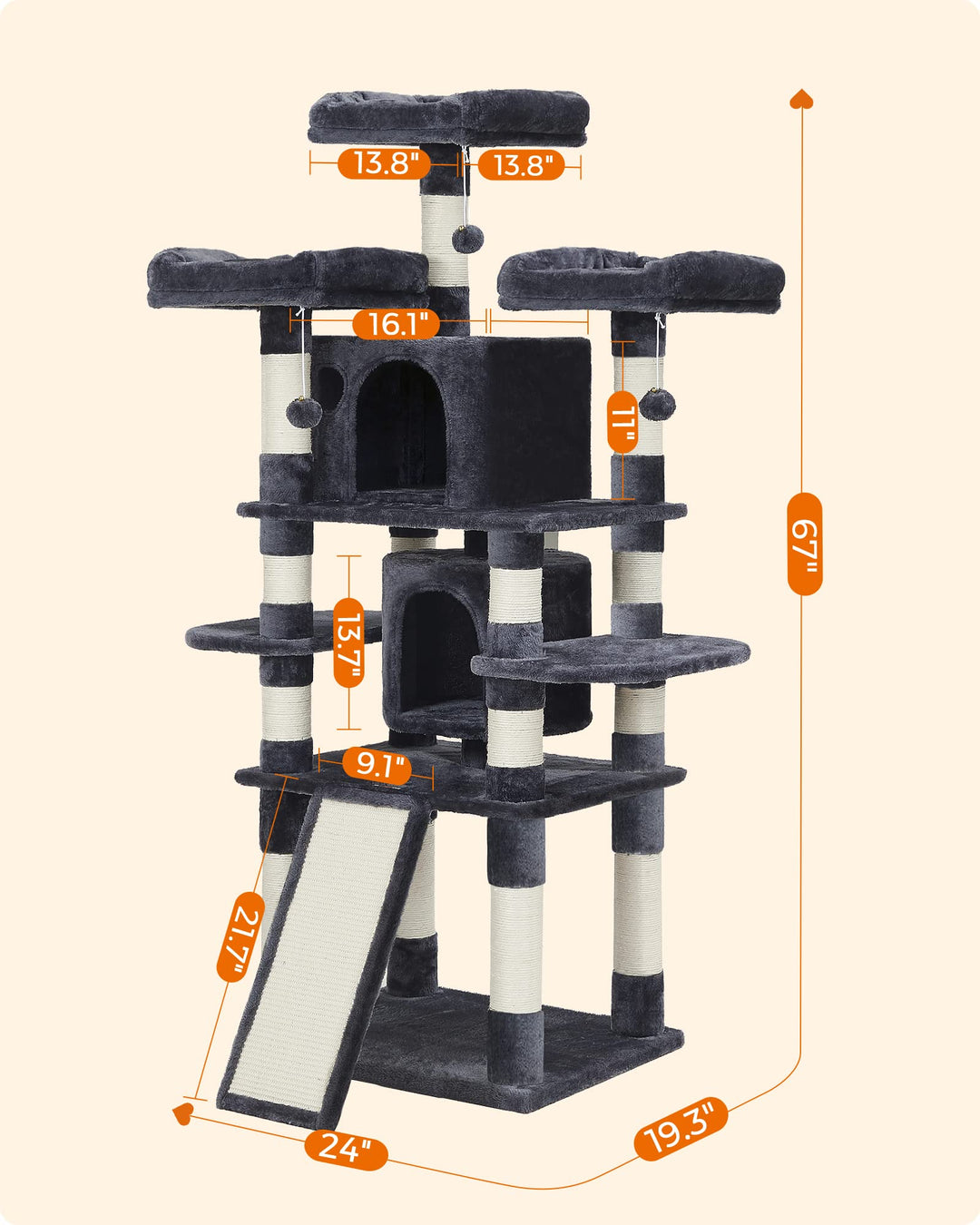 Feandrea 67.7-Inch Multi-Level Cat Tree for Large Cats, with Cozy Perches