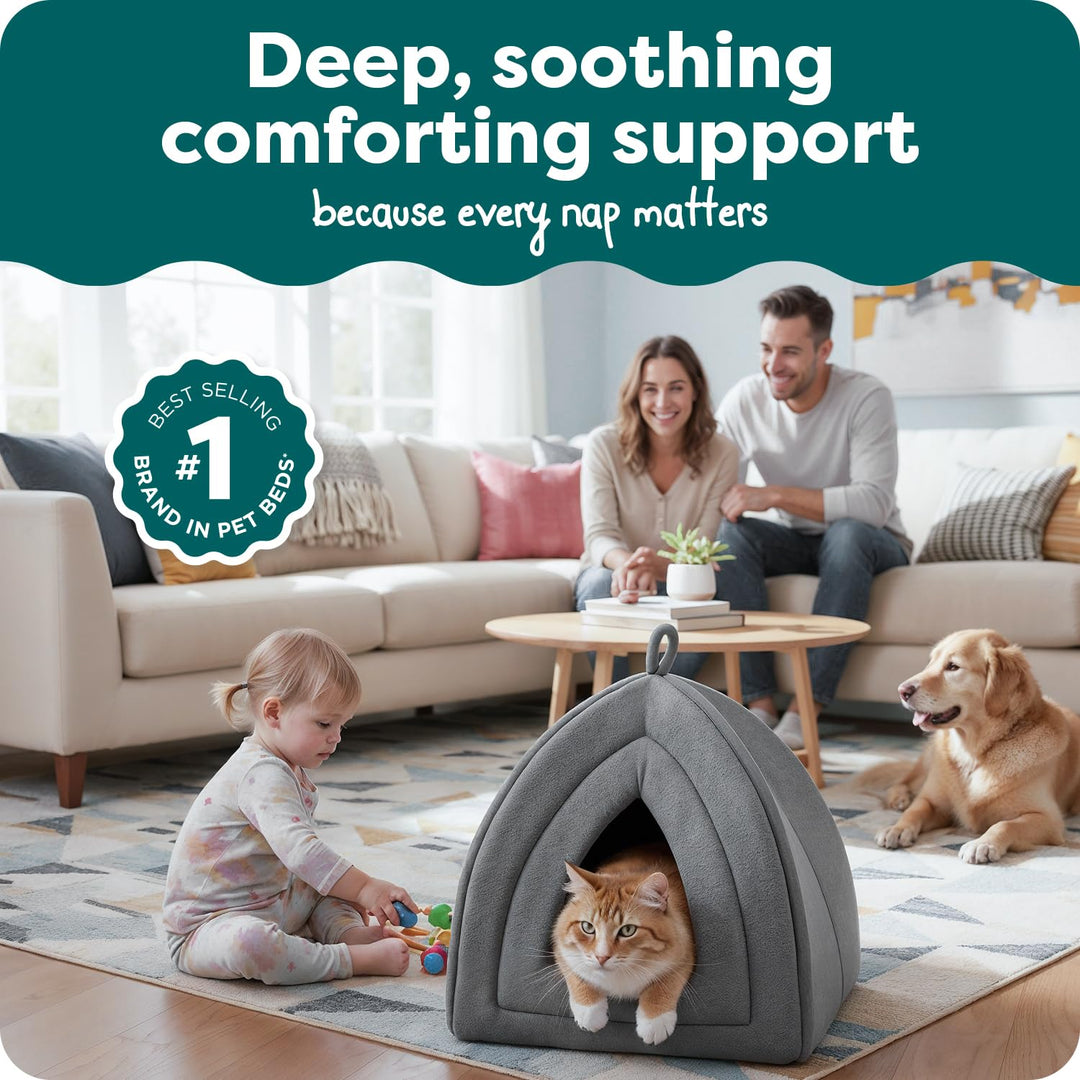 FurHaven Cat Bed Cave for Indoor Cats &amp; Small Dogs, Washable &amp; Foldable Pet Tent with Removable Cushion, Small, Polar Fleece, Heather Gray