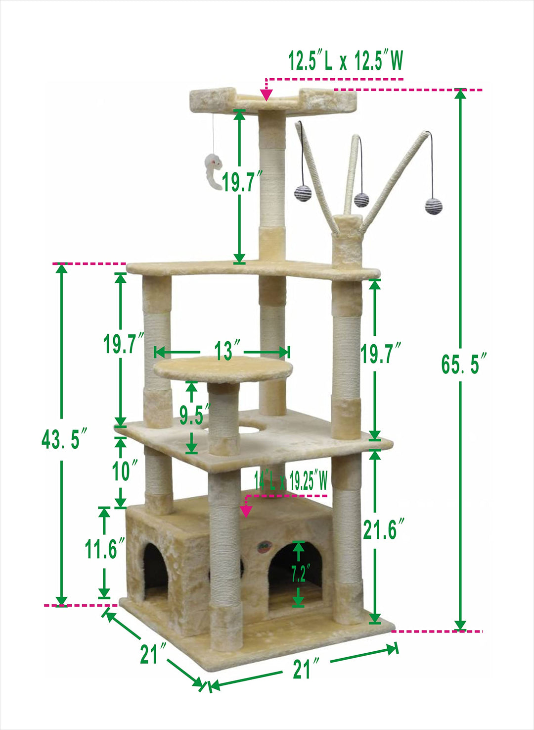 Go Pet Club 66" Cat Tree Scratcher Kitty Condo Kitten House Furniture with Square Base and Hanging Toys for Indoor Cats, Beige