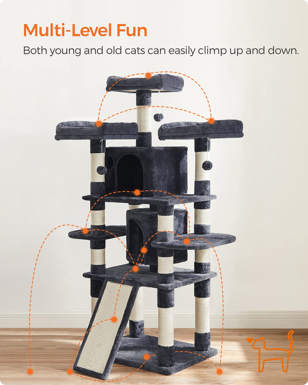 Feandrea 67.7-Inch Multi-Level Cat Tree for Large Cats, with Cozy Perches