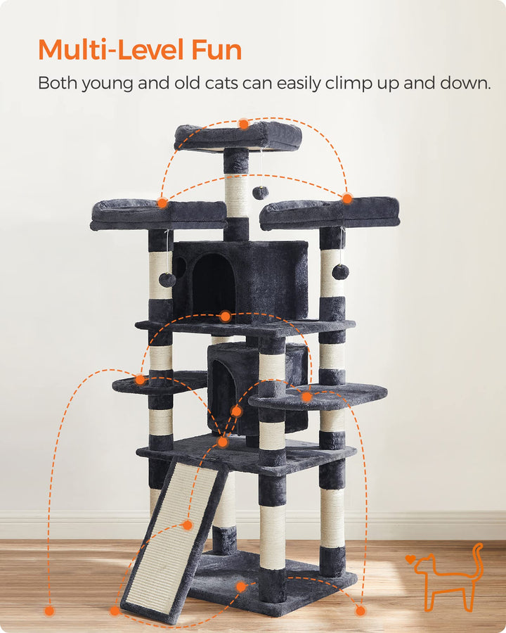 Feandrea 67.7-Inch Multi-Level Cat Tree for Large Cats, with Cozy Perches
