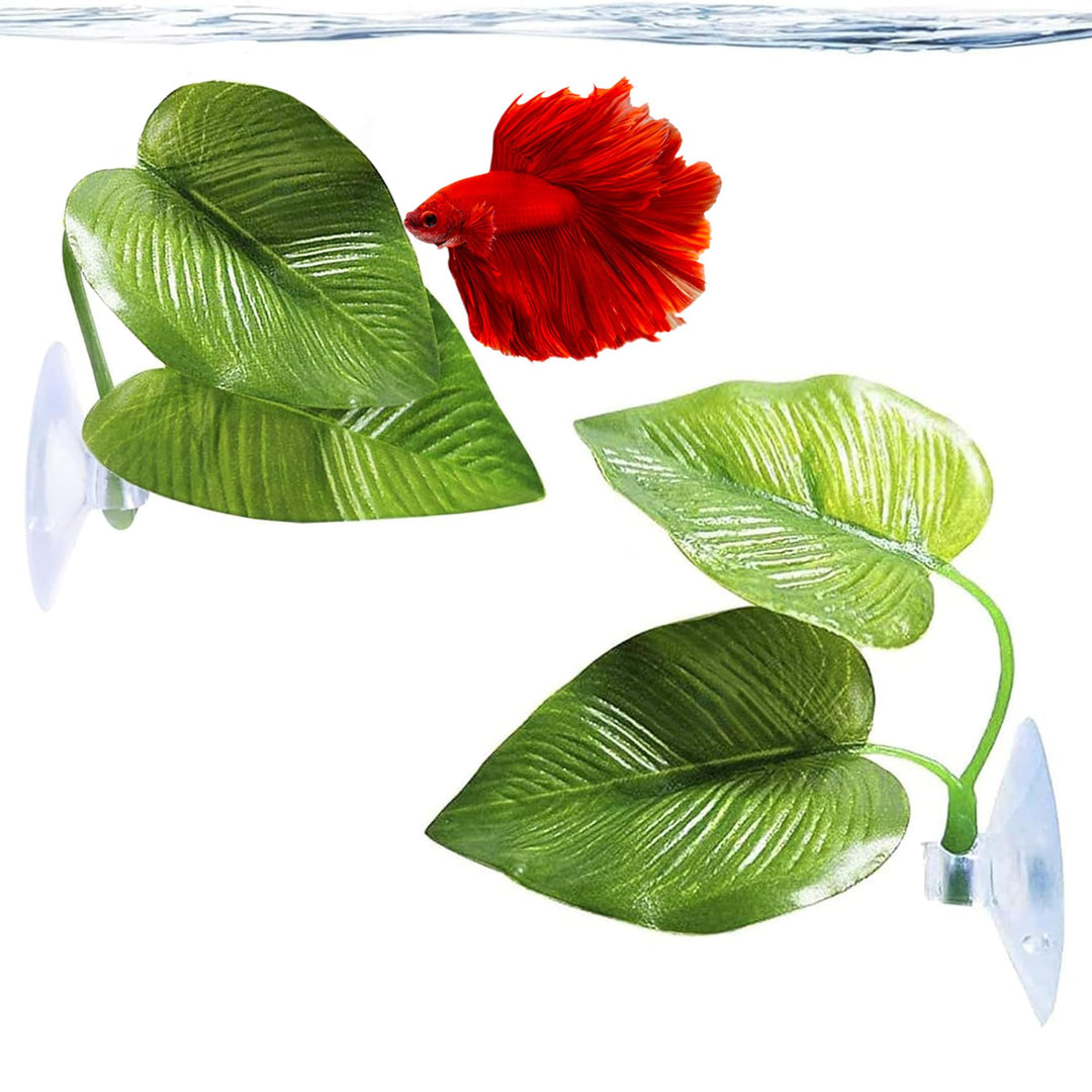 SunGrow Betta Fish Leaf Hammocks, Twin Leaf Design with Suction Cup, 2-Pack - Comfortable Resting, Breathing &amp; Breeding Pads, Easy Install, Simulates Natural Habitat for Healthier Betta