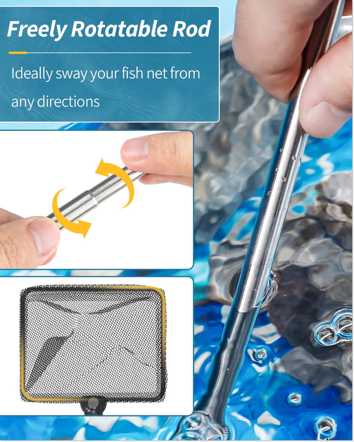 Pawfly 3 Inch Aquarium Fish Net with Telescopic Stainless Steel Handle Small Square Net with Soft Fine Mesh Sludge Food Residue Wastes Skimming Cleaning Net for Fish Tanks Small Koi Ponds and Pools