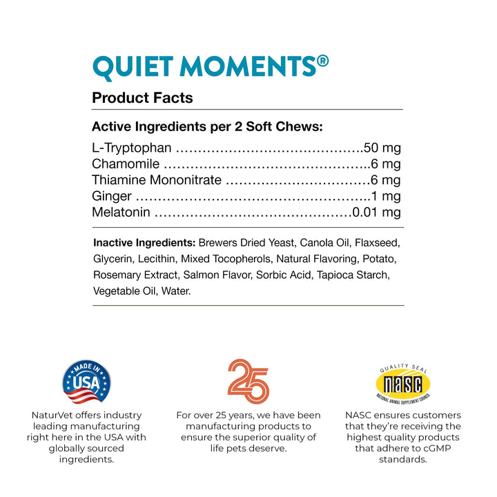 NaturVet Quiet Moments Calming Plus Melatonin Cat Supplement - 50 Count