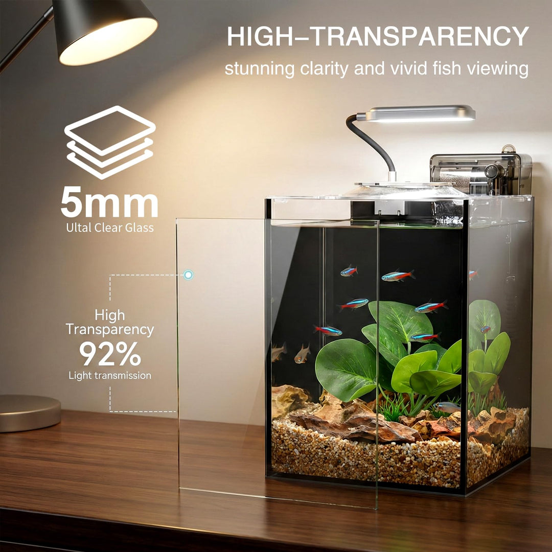Ahua Walsong 2.2 Gallon Small Fish Tank, Beta Fish Aquariums Starter Kits with Nano Clip-on LED, Waterfall Filter Pump, Plants, Gravel and Rock, Perfect for Small Fish, Shrimp, or Betta (with Lid)