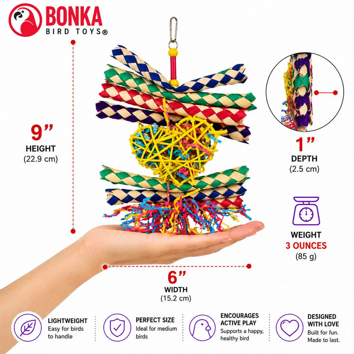 Bonka Bird Toys 1730 Foraging Valentine Heart Bird Toy for Medium Birds Shredding and Chewing Cage Toy Colorful Palm Leaf and Paper Foraging Toy 9" x 6"