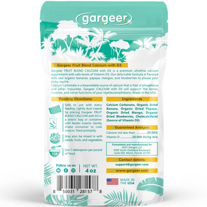 Gargeer 4oz All Reptile Calcium+D3+Fruits Blend, Ultrafine, Made in USA