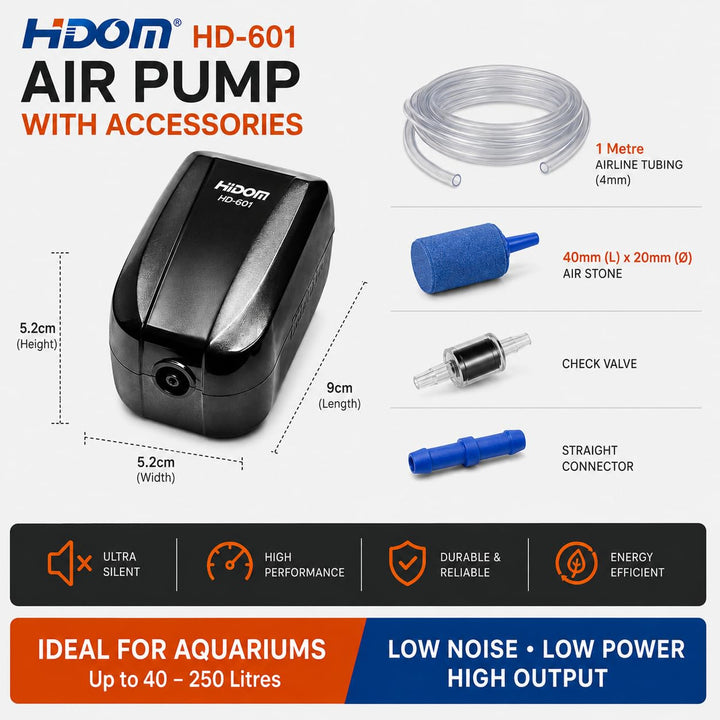 Hidom 2.0W Aquarium Air Pump Single Valve Hd-601 with Accessories
