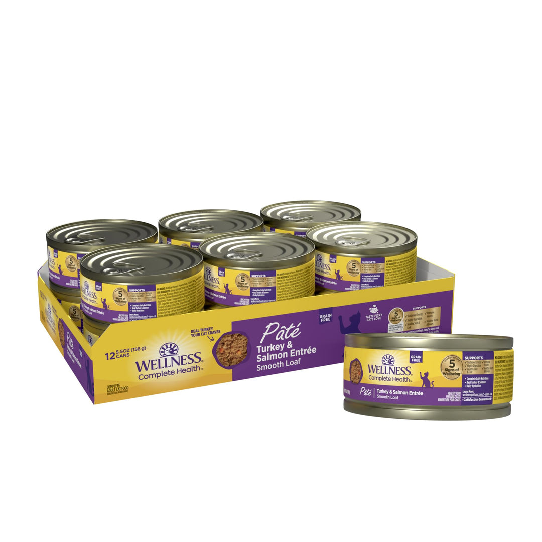Wellness Complete Health Pate Adult Wet Cat Food, Natural, Protein-Rich, Grain Free, 5.5 Ounce, 12 Pack, (Turkey &amp; Salmon)